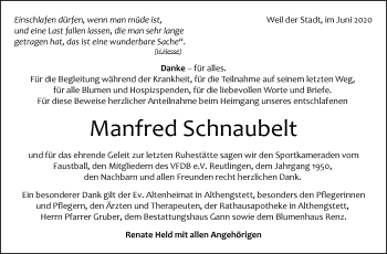 Traueranzeige von Manfred Schnaubelt von Leonberger Kreiszeitung / Strohgäu Extra