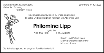 Traueranzeige von Philomina Lipp von Leonberger Kreiszeitung / Strohgäu Extra