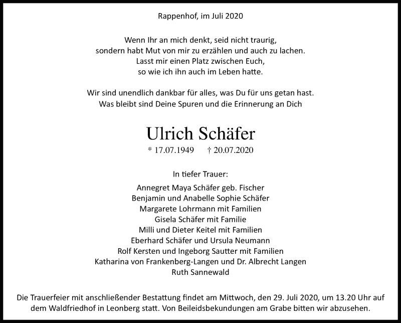  Traueranzeige für Ulrich Schäfer vom 25.07.2020 aus Leonberger Kreiszeitung / Strohgäu Extra
