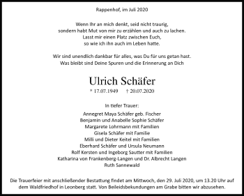 Traueranzeige von Ulrich Schäfer von Leonberger Kreiszeitung / Strohgäu Extra