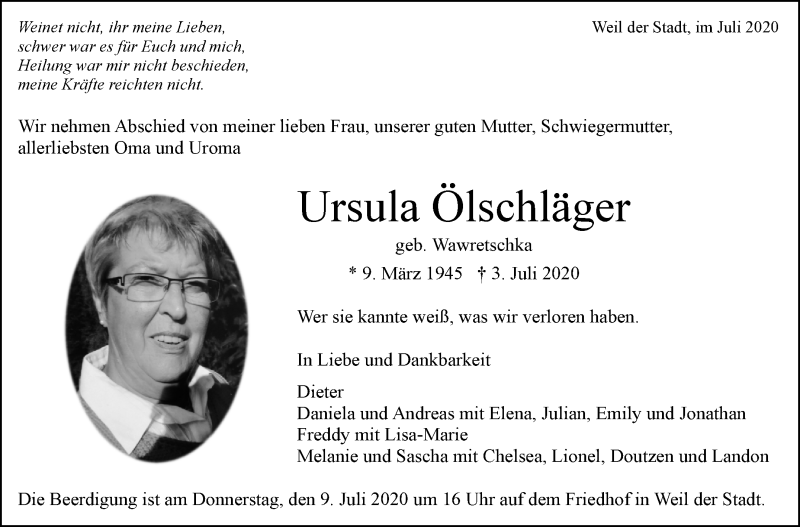  Traueranzeige für Ursula Ölschläger vom 07.07.2020 aus Leonberger Kreiszeitung / Strohgäu Extra