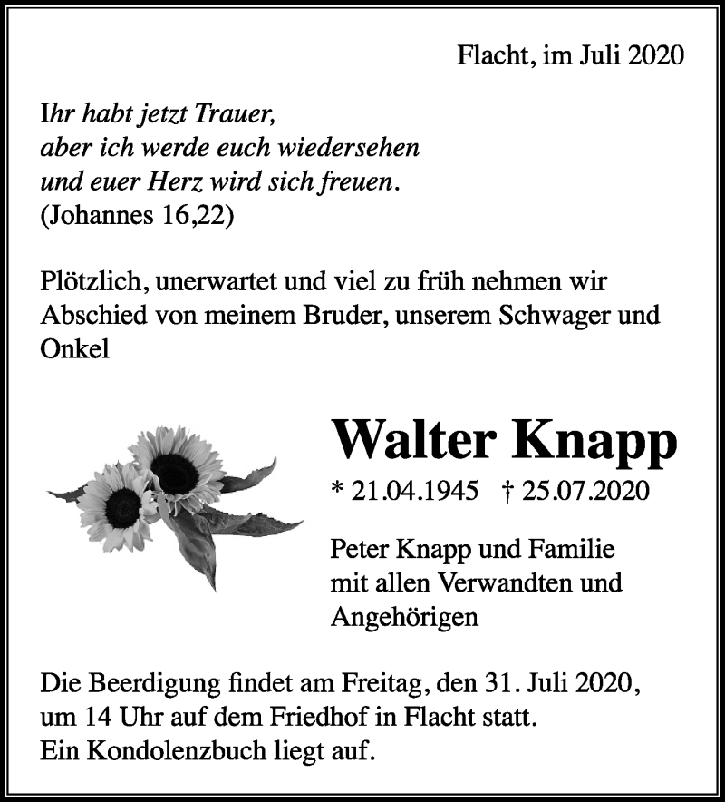  Traueranzeige für Walter Knapp vom 29.07.2020 aus Leonberger Kreiszeitung / Strohgäu Extra