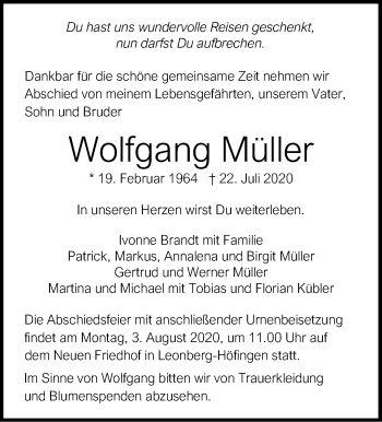 Traueranzeige von Wolfgang Müller von Leonberger Kreiszeitung / Strohgäu Extra