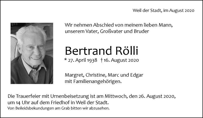  Traueranzeige für Bertrand Rölli vom 21.08.2020 aus Leonberger Kreiszeitung / Strohgäu Extra