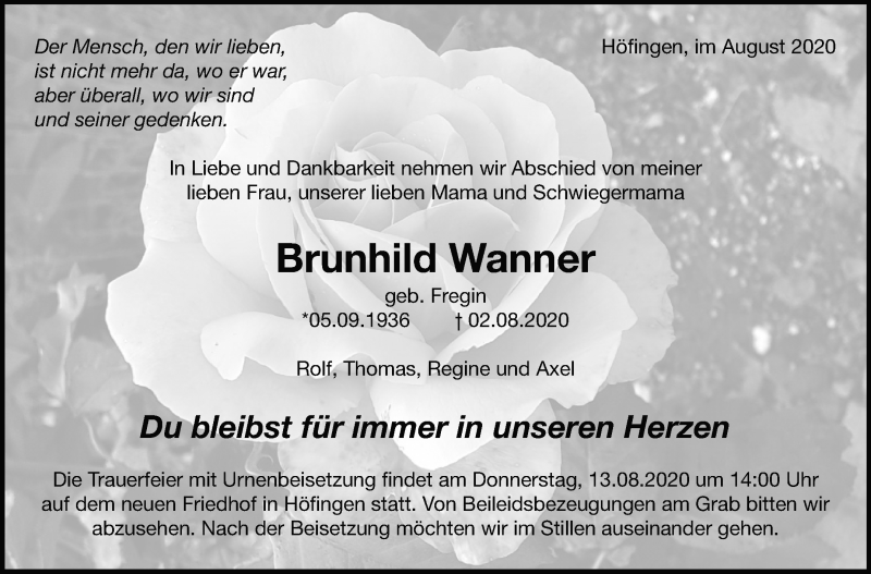  Traueranzeige für Brunhild Wanner vom 08.08.2020 aus Leonberger Kreiszeitung / Strohgäu Extra