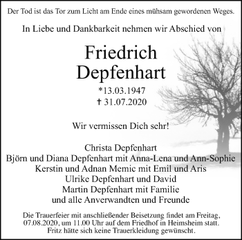 Traueranzeige von Friedrich Depfenhart von Leonberger Kreiszeitung / Strohgäu Extra