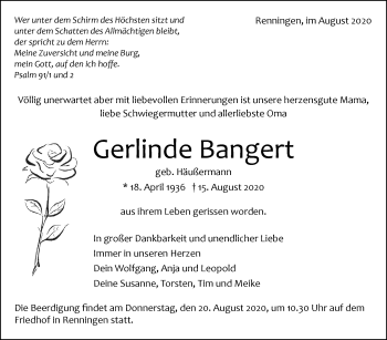Traueranzeige von Gerlinde Bangert von Leonberger Kreiszeitung / Strohgäu Extra