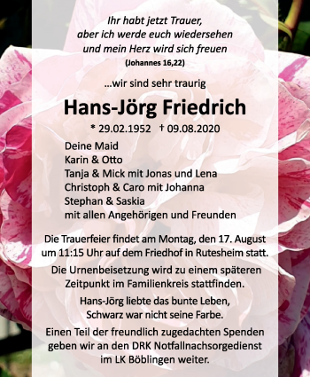 Traueranzeige von Hans-Jörg Friedrich von Leonberger Kreiszeitung / Strohgäu Extra