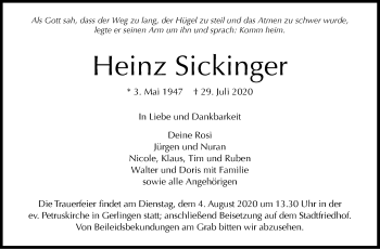 Traueranzeige von Heinz Sickinger von Leonberger Kreiszeitung / Strohgäu Extra