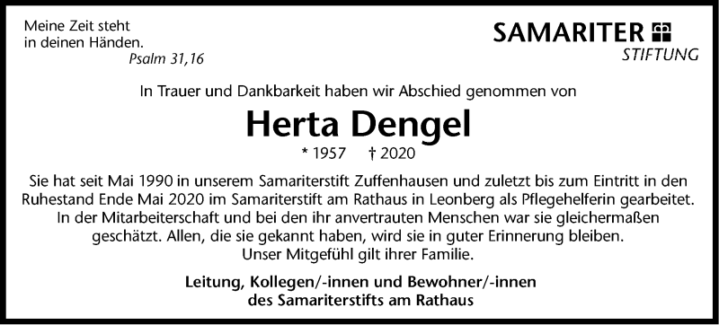  Traueranzeige für Herta Dengel vom 01.08.2020 aus Leonberger Kreiszeitung / Strohgäu Extra