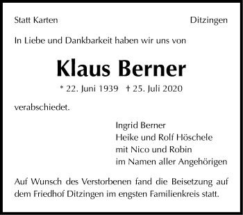 Traueranzeige von Klaus Berner von Leonberger Kreiszeitung / Strohgäu Extra