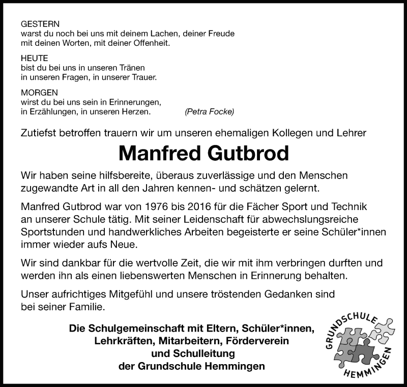  Traueranzeige für Manfred Gutbrod vom 12.08.2020 aus Leonberger Kreiszeitung / Strohgäu Extra