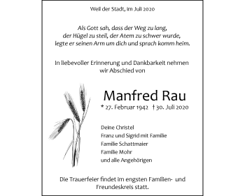 Traueranzeige von Manfred Rau von Leonberger Kreiszeitung / Strohgäu Extra