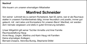 Traueranzeige von Manfred Schneider von Leonberger Kreiszeitung / Strohgäu Extra