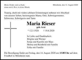 Traueranzeige von Maria Rieser von Leonberger Kreiszeitung / Strohgäu Extra