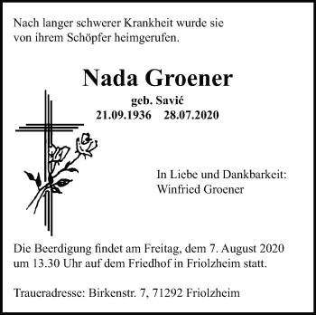 Traueranzeige von Nada Groener von Leonberger Kreiszeitung / Strohgäu Extra
