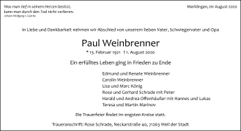 Traueranzeige von Paul Weinbrenner von Leonberger Kreiszeitung / Strohgäu Extra