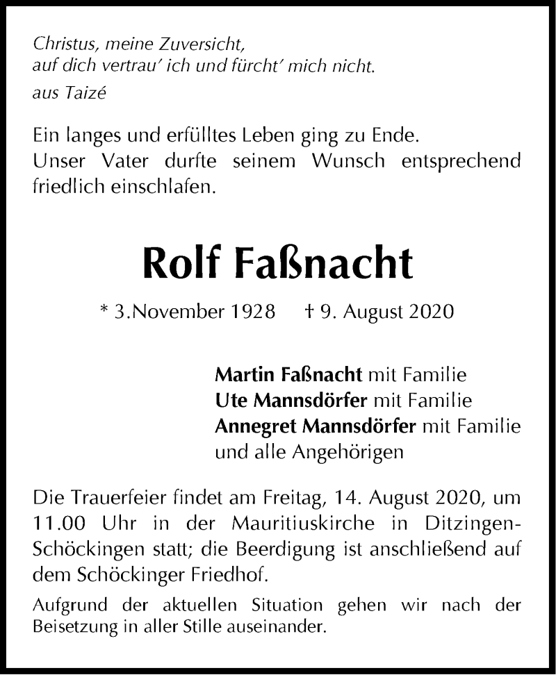  Traueranzeige für Rolf Faßnacht vom 12.08.2020 aus Leonberger Kreiszeitung / Strohgäu Extra