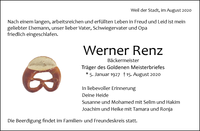  Traueranzeige für Werner Renz vom 18.08.2020 aus Leonberger Kreiszeitung / Strohgäu Extra