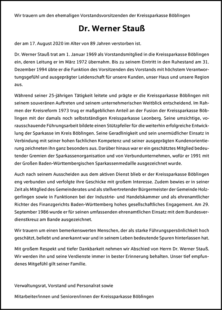  Traueranzeige für Werner Stauß vom 21.08.2020 aus Leonberger Kreiszeitung / Strohgäu Extra