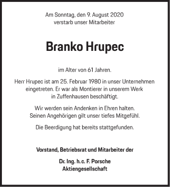 Traueranzeige von Branko Hrupec von Leonberger Kreiszeitung / Strohgäu Extra