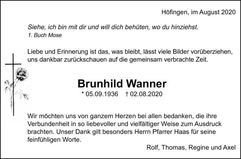  Traueranzeige für Brunhild Wanner vom 27.08.2020 aus Leonberger Kreiszeitung / Strohgäu Extra
