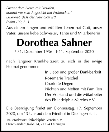 Traueranzeige von Dorothea Sahner von Leonberger Kreiszeitung / Strohgäu Extra