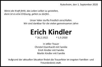 Traueranzeige von Erich Kindler von Leonberger Kreiszeitung / Strohgäu Extra