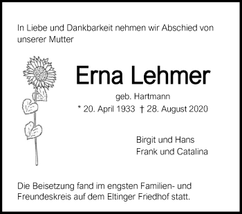 Traueranzeige von Erna Lehmer von Leonberger Kreiszeitung / Strohgäu Extra