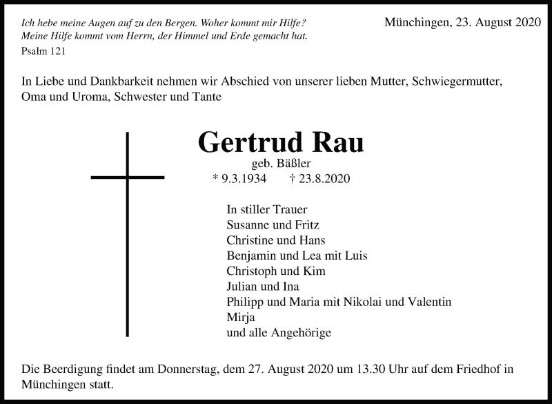  Traueranzeige für Gertrud Rau vom 26.08.2020 aus Leonberger Kreiszeitung / Strohgäu Extra