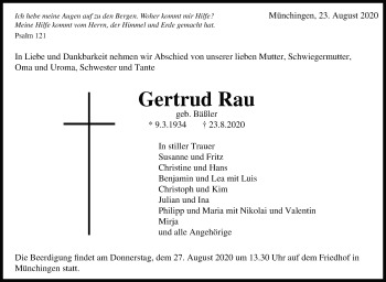 Traueranzeige von Gertrud Rau von Leonberger Kreiszeitung / Strohgäu Extra