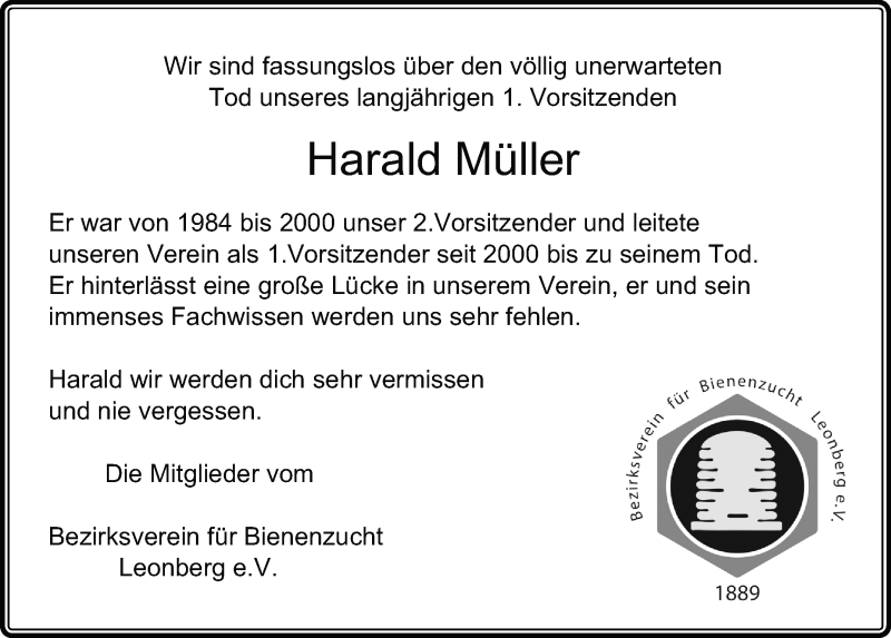  Traueranzeige für Harald Müller vom 26.08.2020 aus Leonberger Kreiszeitung / Strohgäu Extra