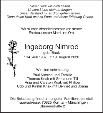 Traueranzeige von Ingeborg Nimrod von Leonberger Kreiszeitung / Strohgäu Extra