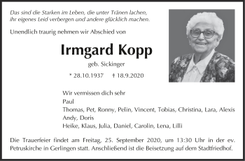 Traueranzeige von Irmgard Kopp von Leonberger Kreiszeitung / Strohgäu Extra