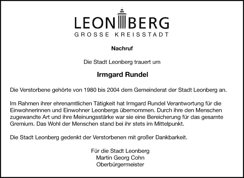 Traueranzeige für Irmgard Rundel vom 12.09.2020 aus Leonberger Kreiszeitung / Strohgäu Extra