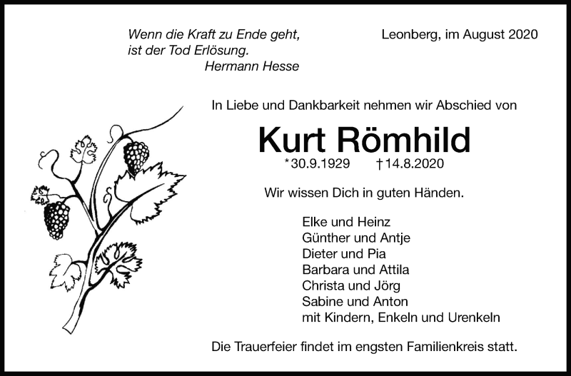  Traueranzeige für Kurt Römhild vom 25.08.2020 aus Leonberger Kreiszeitung / Strohgäu Extra