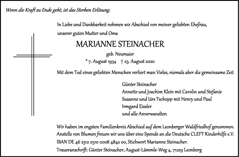  Traueranzeige für Marianne Steinacher vom 05.09.2020 aus Leonberger Kreiszeitung / Strohgäu Extra