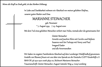 Traueranzeige von Marianne Steinacher von Leonberger Kreiszeitung / Strohgäu Extra