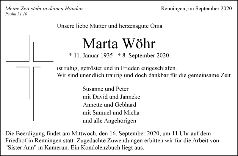  Traueranzeige für Marta Wöhr vom 12.09.2020 aus Leonberger Kreiszeitung / Strohgäu Extra