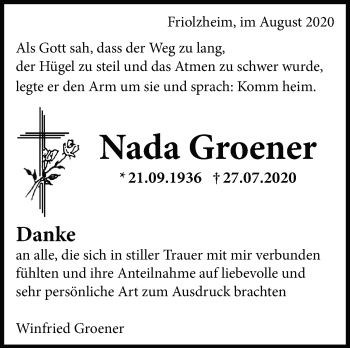 Traueranzeige von Nada Groener von Leonberger Kreiszeitung / Strohgäu Extra