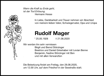 Traueranzeige von Rudolf Mager von Leonberger Kreiszeitung / Strohgäu Extra