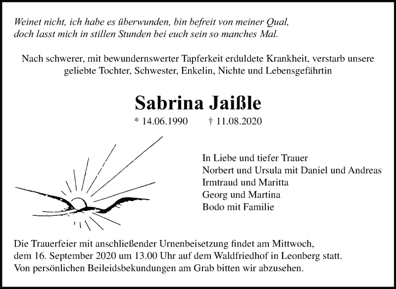  Traueranzeige für Sabrina Jaißle vom 12.09.2020 aus Leonberger Kreiszeitung / Strohgäu Extra