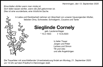 Traueranzeige von Sieglinde Cornely von Leonberger Kreiszeitung / Strohgäu Extra
