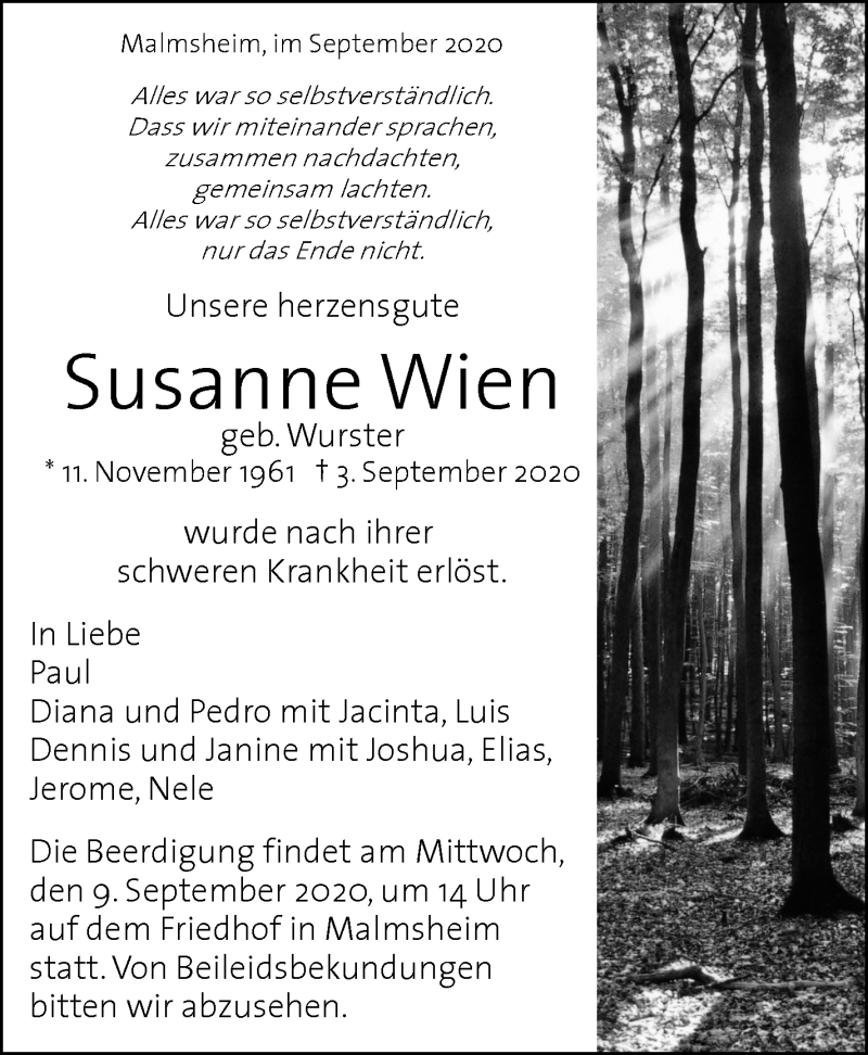  Traueranzeige für Susanne Wien vom 07.09.2020 aus Leonberger Kreiszeitung / Strohgäu Extra