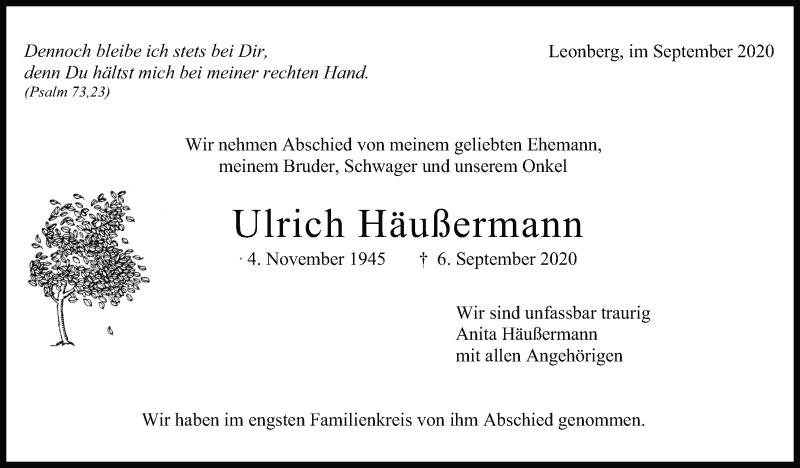  Traueranzeige für Ulrich Häußermann vom 26.09.2020 aus Leonberger Kreiszeitung / Strohgäu Extra
