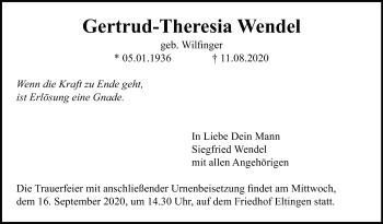 Traueranzeige von Wendel Gertrud-Theresia von Leonberger Kreiszeitung / Strohgäu Extra