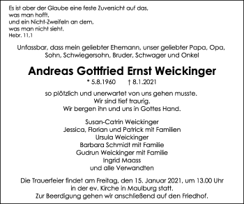 Traueranzeige von Andreas Gottfried Ernst Weickinger von Leonberger Kreiszeitung / Strohgäu Extra