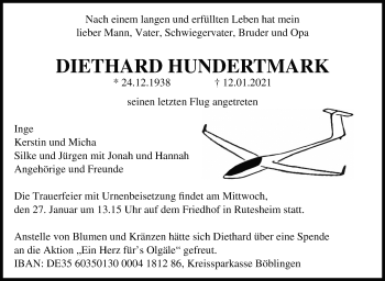 Traueranzeige von Diethard Hundertmark von Leonberger Kreiszeitung / Strohgäu Extra