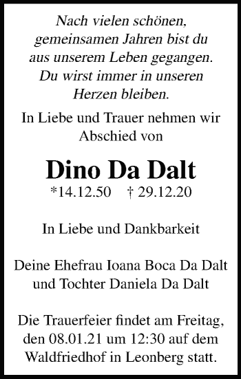 Traueranzeige von Dino Da Dalt von Leonberger Kreiszeitung / Strohgäu Extra