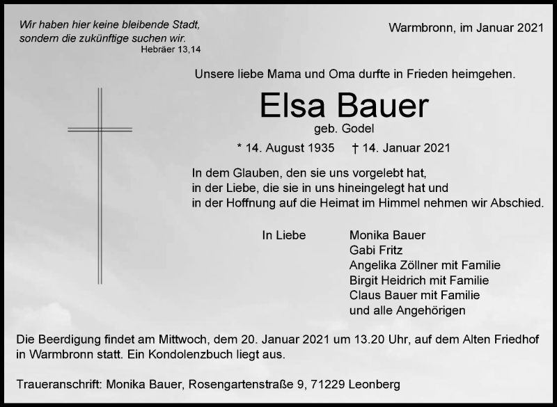  Traueranzeige für Elsa Bauer vom 19.01.2021 aus Leonberger Kreiszeitung / Strohgäu Extra